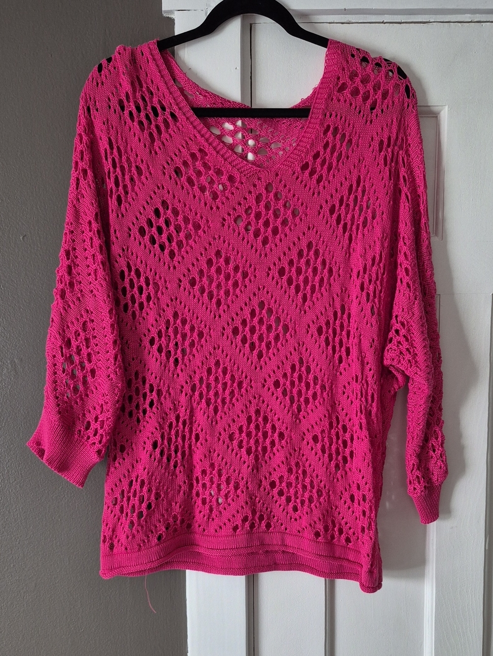 Women's Hot Pink Open-Knit V-Neck Sweater